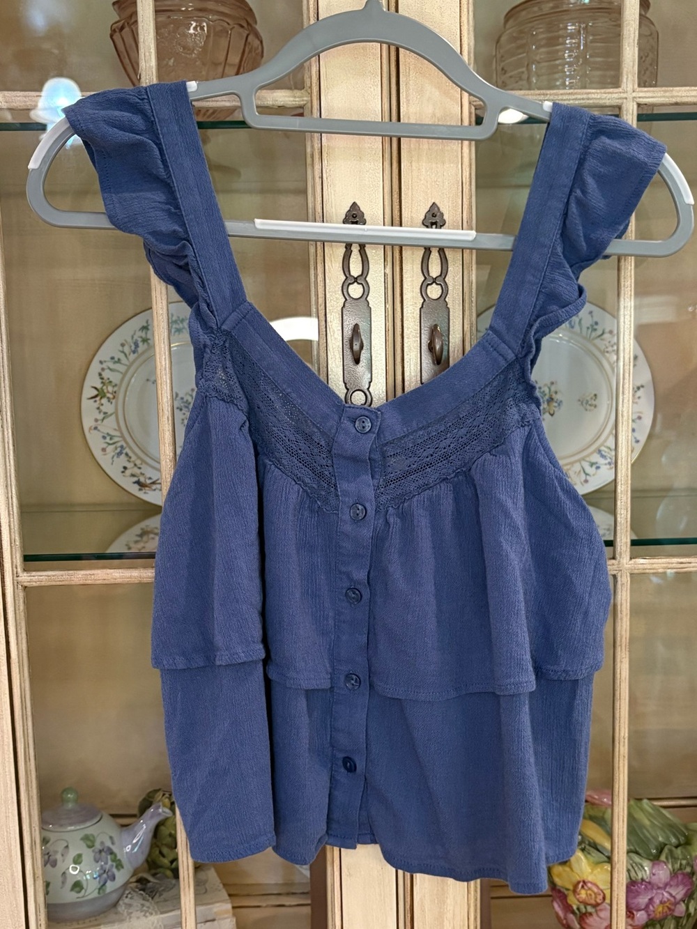 American Eagle Outfitters Blue Ruffled Cotton-Blend Button-Front Camisole